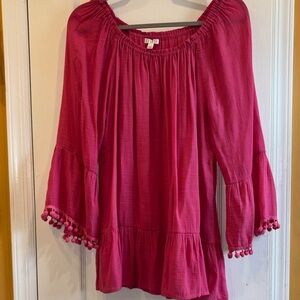 Spense Fuchsia Top  Worn On or Off the Shoulder with Pom-Pom Detail on Sleeves